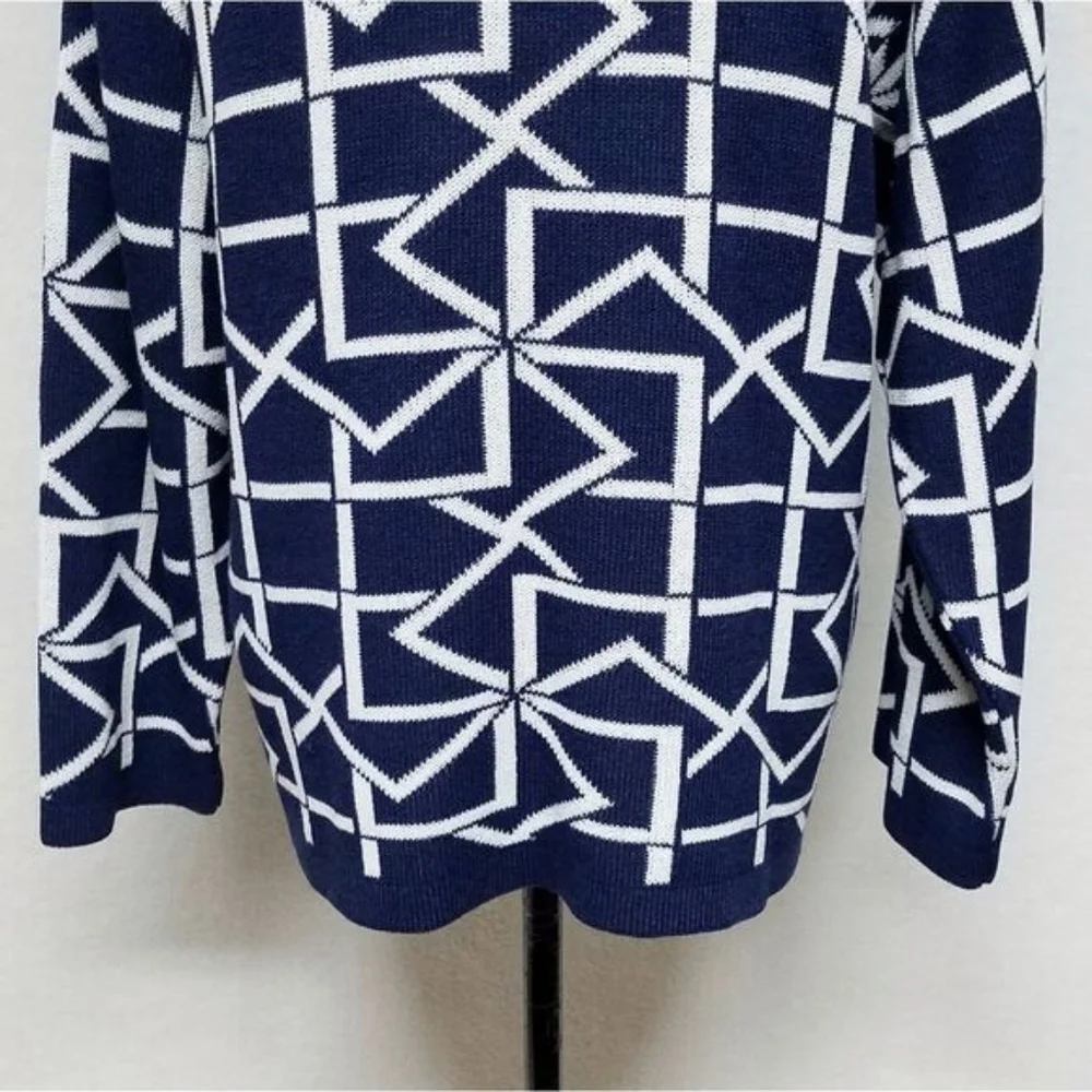 60s Vintage Dalton Blue White Geometric Print Union ILGWU Open Front Cardigan M